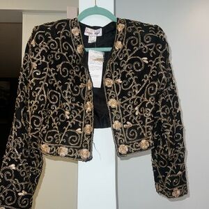 NWT  80s Laurence Kazar NY Vtg Glamour Gold Black Embroidered Jacket Silk Sz PL